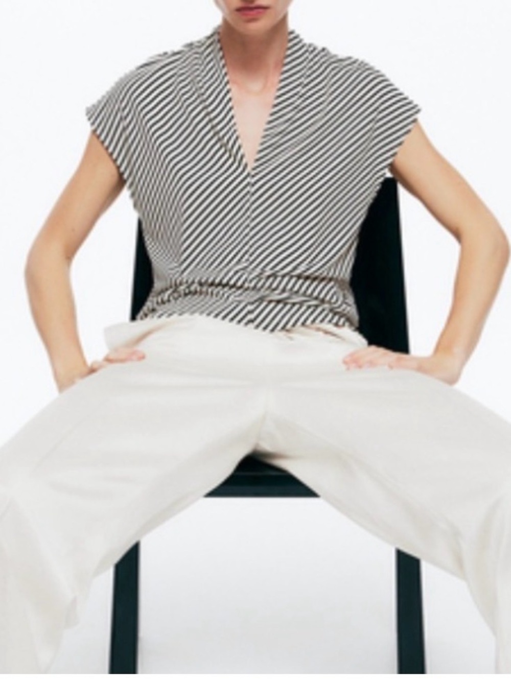 Black & Cream Diagonal Stripe V-Neck Blouse